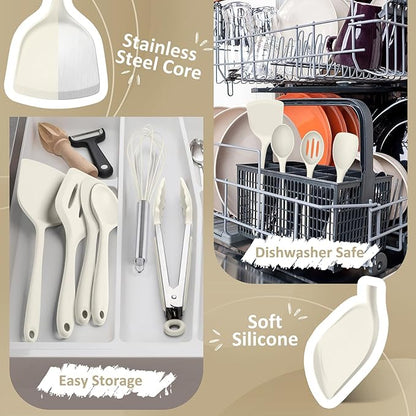 10 Pack Kitchen Utensils Set for Cooking, Leonyo Silicone Cooking Utensils Set, 446°F Heat Resistant Silicone Kitchen Tool with Turner Spatula, Serving Spoon, Whisk for Nonstick Cookware - White