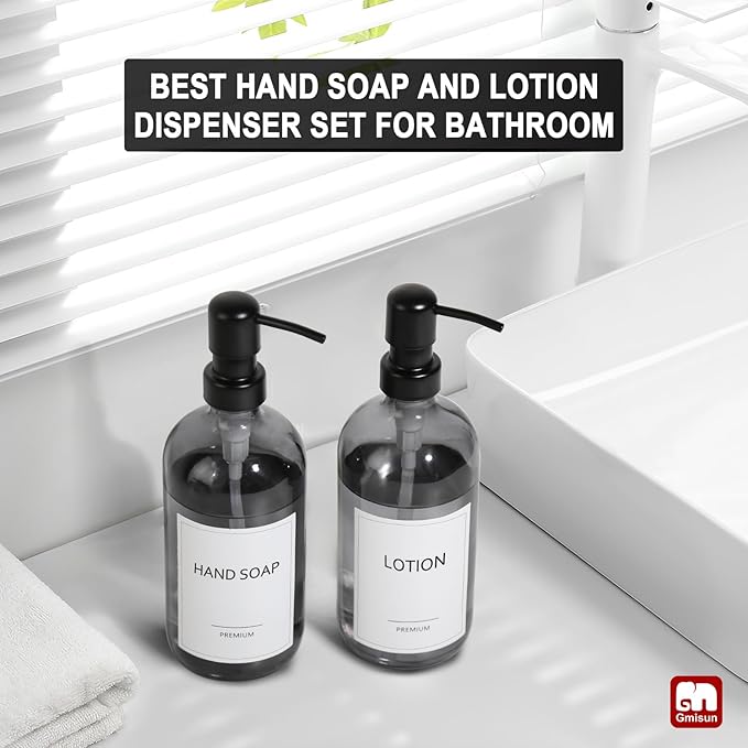 GMISUN Black Soap Dispenser, 2 Pack Hand Soap Dispensers for Bathroom, 17 Fl Oz Dish Soap Dispenser for Kitchen with Stainless Steel Pump, Modern Liquid Soap Bottle Set - Image 5