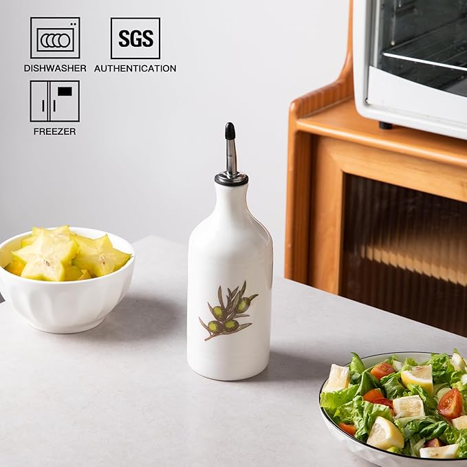 Sweejar Ceramic Olive Oil Dispenser Bottle, Opaque Oil Cruet Protects to Reduce Oxidation, Suitable for Storage Vinegar, Coffee Syrups & Other Liquids, Pack of 1, 15.5 Fl Oz(Olive Leaf White) - Image 2