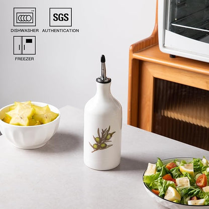 Sweejar Ceramic Olive Oil Dispenser Bottle, Opaque Oil Cruet Protects to Reduce Oxidation, Suitable for Storage Vinegar, Coffee Syrups & Other Liquids, Pack of 1, 15.5 Fl Oz(Olive Leaf White) - Image 2