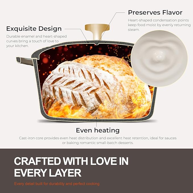 Overmont Enameled Cast Iron Dutch Oven - Heart-Shaped Pot with Lid Cookbook & Cotton Pot Holders - Mini Cookware Oven Safe to 500°F for Sourdough Baking Soups Stews - Great Gift for Wedding Birthday Housewarming 2QT White