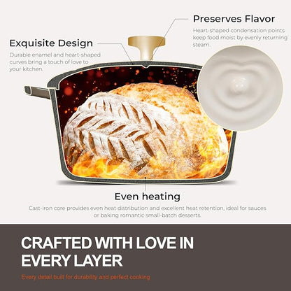 Overmont Enameled Cast Iron Dutch Oven - Heart-Shaped Pot with Lid Cookbook & Cotton Pot Holders - Mini Cookware Oven Safe to 500°F for Sourdough Baking Soups Stews - Great Gift for Wedding Birthday Housewarming 2QT White