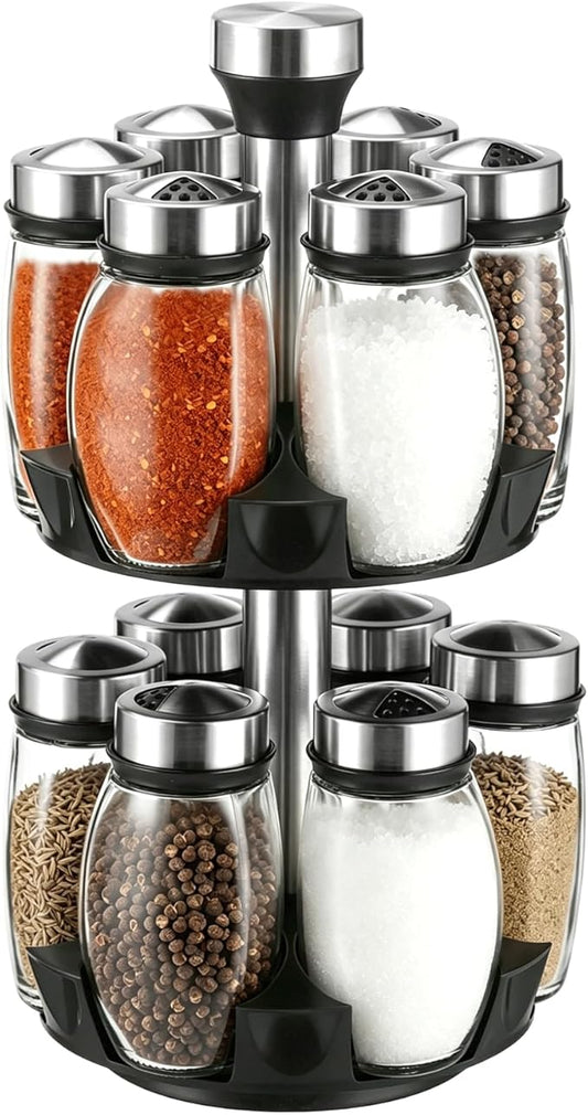 2 Layer Rotating Spice Rack Organizer with 12 Glass Jars, 360° Turntable Seasoning Set, Spinning Kitchen Counter Spice Holder, Airtight Containers with Labels for Kitchen Seasoning Storage