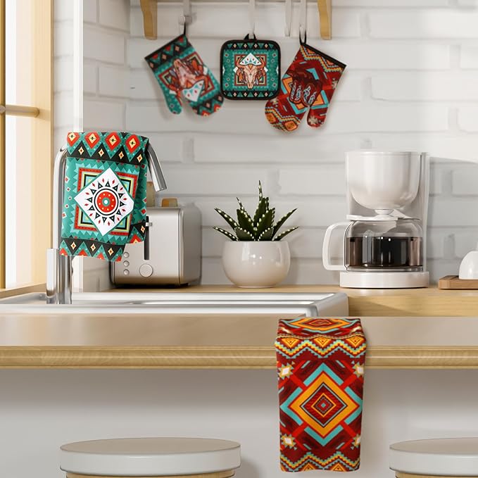 Jingmore 6 Pcs Kitchen Decor Set Accessorie Farmhouse Kitchen Towels Pot Holders Oven Mitts Set 2 Dish Towels 2 Pot Holders 2 Cooking Mittens Oven Glove for Cooking(Retro Color,Western Boho Aztec) - Image 6