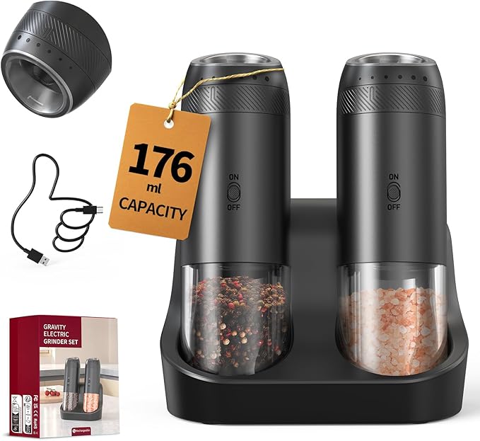 CIRCLE JOY Rechargeable Salt and Pepper Grinder Set, Gravity Sensor Electric Salt and Pepper Grinder Set with External Adjustment, 176ml Capacity and One-handed Operation, Black by CIRCLEJOY