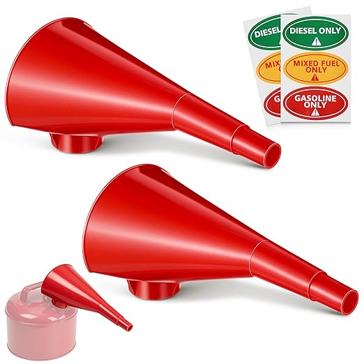 Plastic Funnel for Type I Metal Safety Cans, Compatible with Eagle F15FUN, Fits 1/2/5 Gallon Cans, 10" HDPE Funnel, Includes Diesel Only, Gasoline Only, Mixed Fuel Stickers(2 Pack,Red)