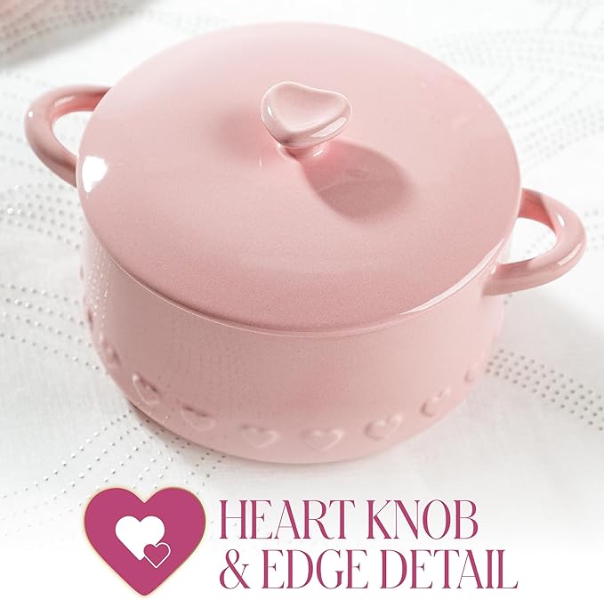 Paris Hilton Iconic Ceramic Stoneware Casserole Dish With Lid, Oven Safe Up To 450°F, Dishwasher & Microwave Safe, 28oz, Pink with Embossed Heart Design - Image 7