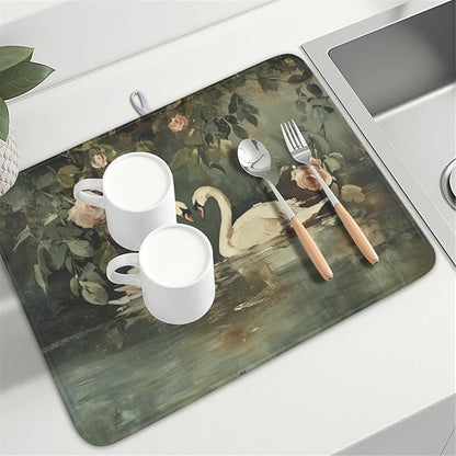 Swans Dish Drying Mat 24x18 Inch, White Swan Drying Mat with Absorbent Reversible Microfiber, Wildlife Aesthetic Dish Drainer Mats Summer Rack Pad for Coffee Countertop Kitchen Protector
