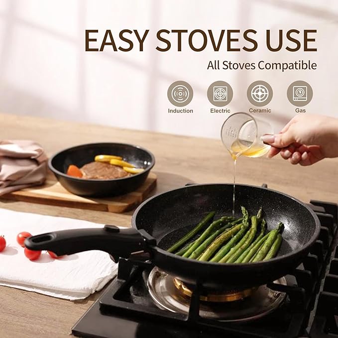 BECIGAR Nonstick Ceramic Cookware Set 21PCS with Detachable Handle, Pans and Pots Set, RV Kitchen Set Cookware Set, Pan Pots with Removable Handles, Oven Safe, Induction Ready(Black) - Image 3
