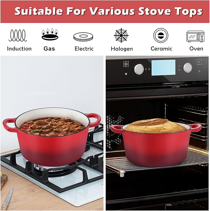 TeamFar Enameled Cast Iron Dutch Oven, 6 Quart Pot with Lid & Dual Handles - Heavy Duty Cookware Oven Safe up to 500° F for Bread Baking, Stews, Braising, Roasting - Red - Image 5