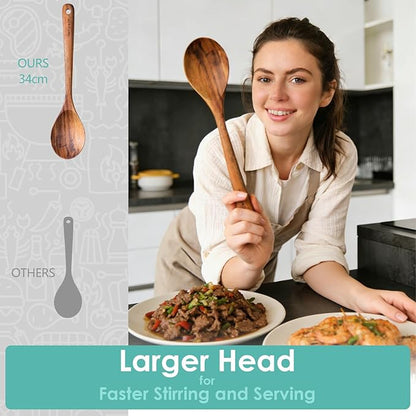 HOWHONG Wooden Cooking Spoon, Long Handle Acacia Wood Spoon for Cooking, Deep Solid Spoon for Soup, Sauce and Stirring, Smooth Finish, Nonstick Cookware Safe, Bare Wood Feel for Daily Kitchen Use