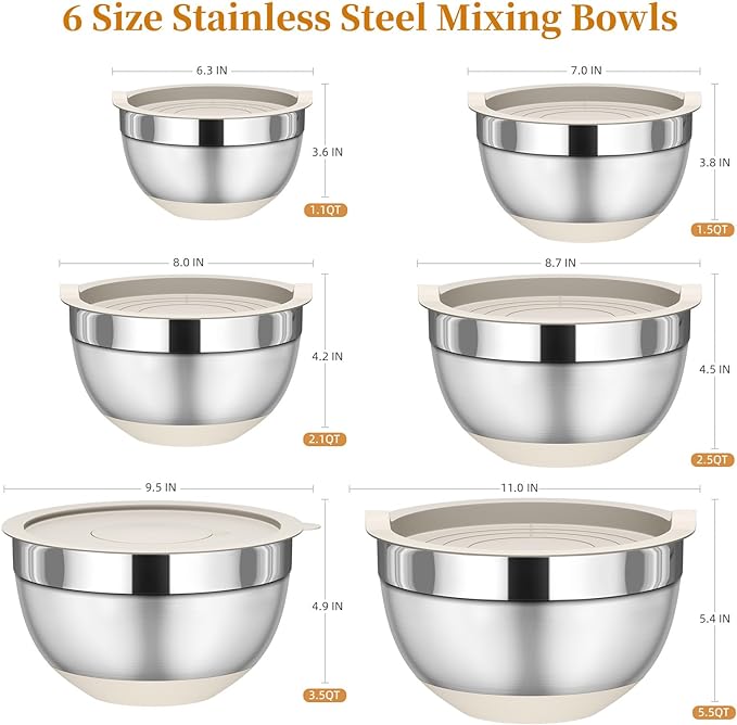 Fyrnova Mixing Bowls with Lids Set, 6 Piece Stainless Steel Nesting Storage Bowls for Kitchen, with 3 Grater Attachments & Non-Slip Bottoms, Size 5.5,3.5,2.5,2.1,1.5,1.1 QT - Image 2