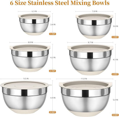 Fyrnova Mixing Bowls with Lids Set, 6 Piece Stainless Steel Nesting Storage Bowls for Kitchen, with 3 Grater Attachments & Non-Slip Bottoms, Size 5.5,3.5,2.5,2.1,1.5,1.1 QT - Image 2
