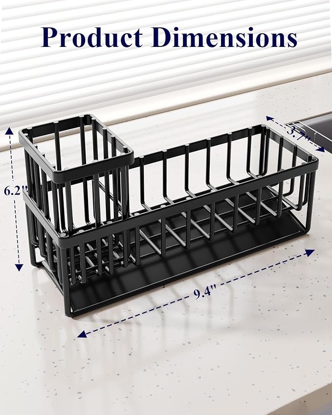 Kitsure Sponge Holder for Kitchen Sink - Rustproof Stainless Steel Sink Caddy Organization and Storage Essentials with High Brush Holder, Home Decor Accessories, 9.4" x 3.7" x 6.2", Black - Image 2