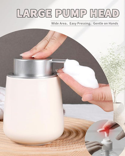 Bosilunlife Ceramic Foaming Soap Dispenser - 12Oz Bathroom Countertop Kitchen Dish Soap Pump Dispenser Foam Soap Dispenser - Beige with Silver