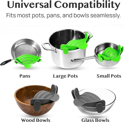 2 Pack Kitchen Gizmo Snap-On Strainer - Silicone Clip-On Strainer for Pots and Pans - Collapsible Design - Heat Resistant Colander for Vegetables and Noodles - Ideal for Rice, Grains - Green/Grey - Image 6