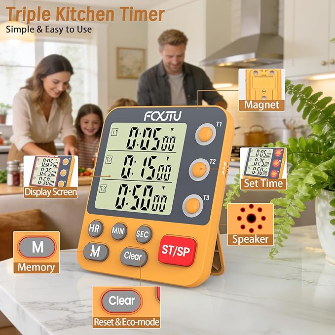 Digital Dual Triple Kitchen Timer, 3-Channel Magnetic Countdown Timer for Cooking, Large Display Stopwatch Multi Food Classroom Timer Loud Alarm for Seniors Teachers Battery Included (Orange)