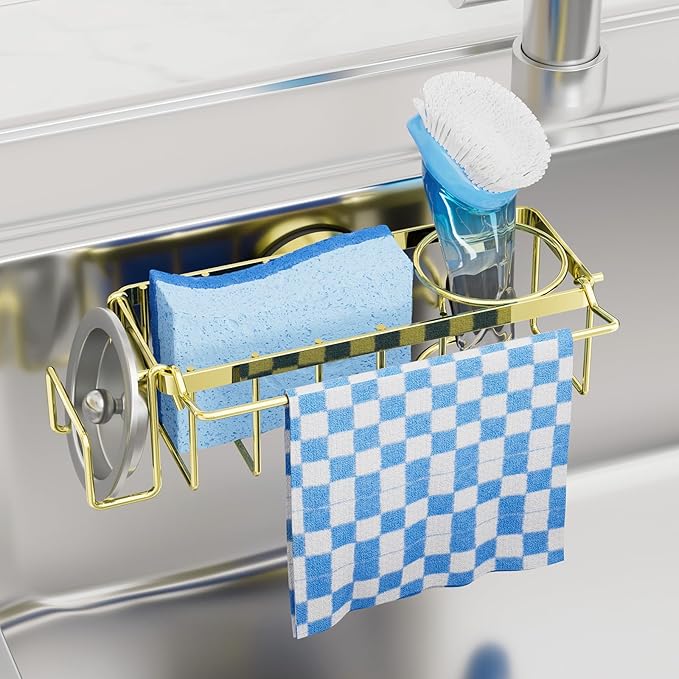 TAILI 4-in-1 Sink Caddy with Strong Suction Cup, Sponge Holder for Kitchen Sink Organizer, Removable, Rustproof, Stainless Steel Holder for Sponge, Brush, Scrubber, Scraper - Gold by TAILI