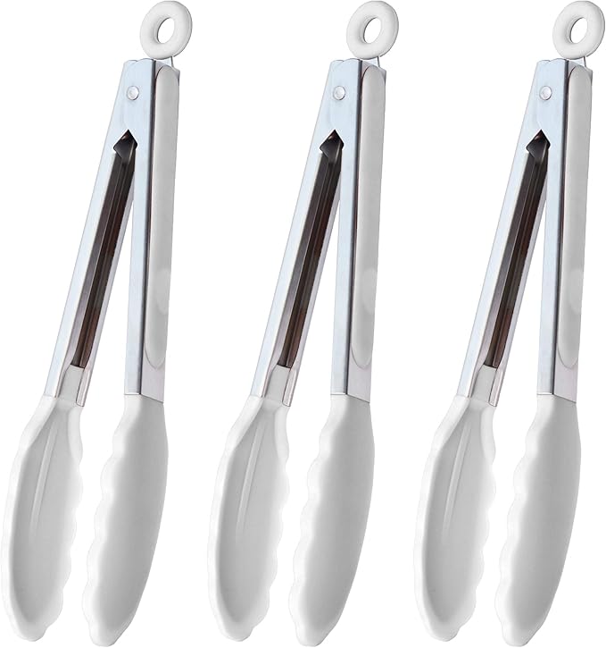 HINMAY Silicone Kitchen Tongs 9-Inch Stainless Steel Basics Tongs with Non-Stick Silicone Tips, Set of 3 (White) by HINMAY