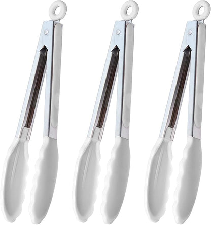 HINMAY Silicone Kitchen Tongs 9-Inch Stainless Steel Basics Tongs with Non-Stick Silicone Tips, Set of 3 (White) by HINMAY