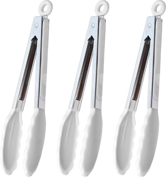 HINMAY Silicone Kitchen Tongs 9-Inch Stainless Steel Basics Tongs with Non-Stick Silicone Tips, Set of 3 (White) by HINMAY