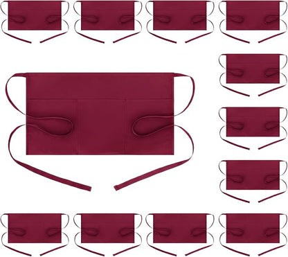 BOHARERS Waist Apron with 3 Pockets 12 Pack - Red Waitress Server Short Apron by BOHARERS