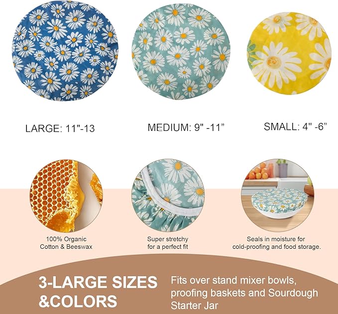 Reusable Bowl Covers for Bread Proofing - Beeswax Bowl Covers Reusable 3 Set, Cotton Blend Stretch Design, Fits 4-13 Inch Bowls, Shower Caps for Sourdough Bread, Dough Proofing & Food Storage(Daisy)