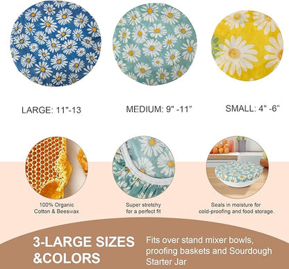 Reusable Bowl Covers for Bread Proofing - Beeswax Bowl Covers Reusable 3 Set, Cotton Blend Stretch Design, Fits 4-13 Inch Bowls, Shower Caps for Sourdough Bread, Dough Proofing & Food Storage(Daisy)