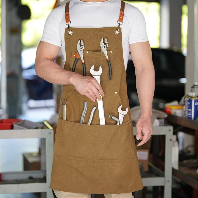 Aoomzoon Canvas Aprons for Men Chef Apron, Work Apron with Large Pockets - 16oz Heavy Duty Cross Back, BBQ, Cooking