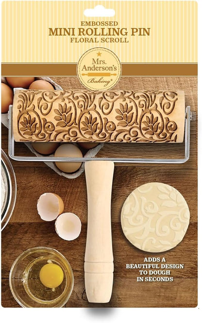 Mrs. Anderson’s Baking Mini Embossing Rolling Pin, Floral Scroll Design, Poplar Wood and Chrome-Plated Iron - Image 2