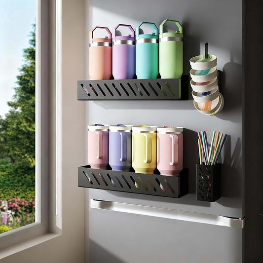 Magnetic Cup Holder for 8 Stanley 30/40 oz Tumbler, 2Pack Water Bottle Holder with Tumbler Lid & Straw Organizer, Flexible disassembly, Ideal for Fridge and Other Iron Surfaces