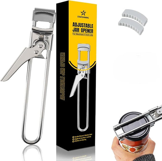 Adjustable Jar Opener –2026 Stainless Steel Can & Bottle Opener for Weak Hands Seniors Up to 4-Inch Lids,Optional Silicone