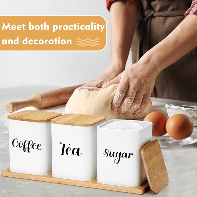 Tioncy Coffee Tea Sugar Container with Tray Set of 3 Airtight Metal Canister with Bamboo Lid Tray for Kitchen Counter Dining Room Farm House Kitchen Style Drink Station Organizer Set(White) - Image 5