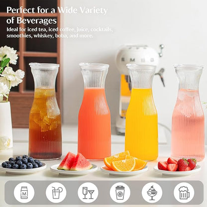 INSETLAN 1 Liter Ribbed Glass Carafe with Lid, Set of 4- Juice Carafe for Mimosa Bar, Brunch,Parties, Beverage Serveware,Cold Brew Coffee, Milk, Iced Tea, Lemonade -Includes 4 Wooden Chalkboards