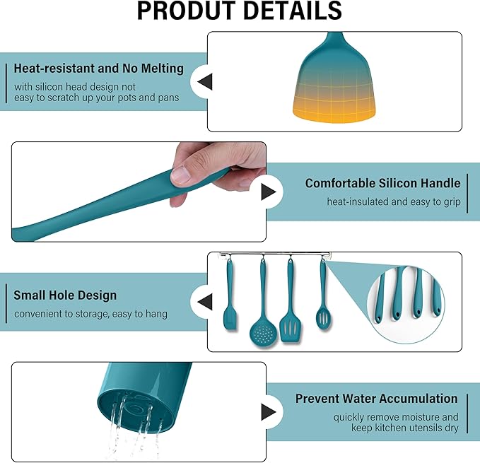 HaWare 11 PCS Silicone Cooking Utensils Set, Heat Resistant Kitchen Utensils with Holder, Food-grade Spatula Sets for Nonstick Cookware, Kitchen Tools Gadgets Include Fish Turner, Spoon (Blue) - Image 4