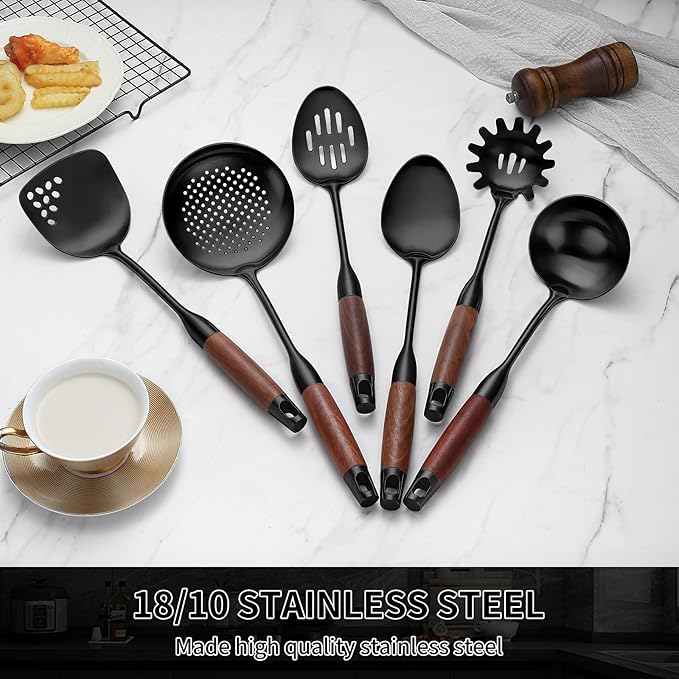 Izurok 18/10 Stainless Steel Kitchen Utensils Set,6 Piece Cooking Utensils With Wood Handle,Heat Resistant Kitchen Tool Set With Spatula, Spoon, Ladle, Skimmer, Slotted Spoon, Pasta - Image 6