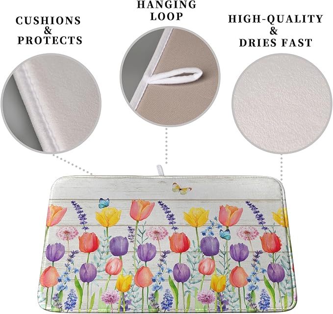 Tulip Floral Dish Drying Mat for Kitchen Counter Watercolor Spring Flower Dish Mat Absorbent Microfiber Dish Draining Mat Reversible Heat Resistant Dishes Pad Large 16 x 18 Inch - Image 3