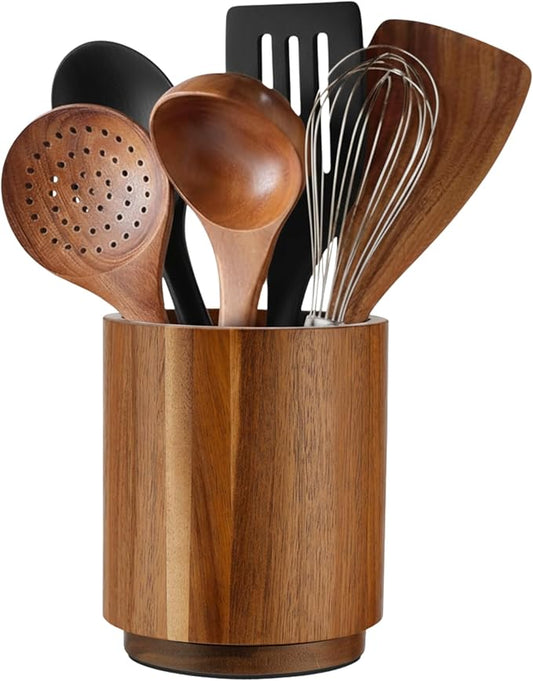 Linda's Essentials Acacia Wooden Utensil Holder for Kitchen Counter, 7.2" Wood Utensil Holder Counter, Kitchen Utensils Holder with 360° Rotation, Non-Slip Large Utensils Holders, Spatula Holders by LindasEssentials