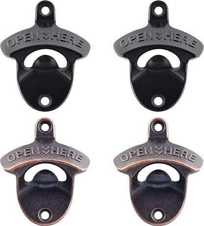 Rustproof Wall Mounted Beer Opener Black, Retro Post Mounted Soda Bottle Cap Opener Antique Copper(4 PCS)
