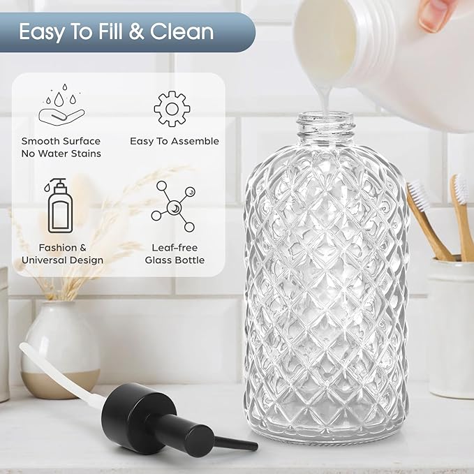 Topsky Gem Glass Soap Dispenser with Black Plastic Pump, 13oz Liquid Hand Soap Dispenser, Rustproof Pump for Kitchen & Bathroom, Great for Lotions, Essential Oil, Liquid Soaps-Clear - Image 3