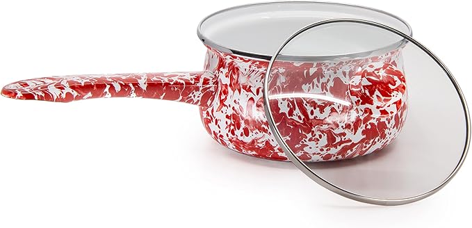 Golden Rabbit Enamelware Sauce Pan with Handle, 5 cup, Red Swirl