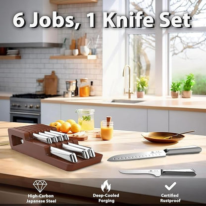 imarku Knife Set, 10 PCS Japanese Stainless Steel Knife Block Set, Kitchen Knife Sets with Wooden Drawer Organizer, Drawer Knife Set, Dishwasher Safe, Ultra Sharp Chef Knife, Gifts for Mom - Image 7
