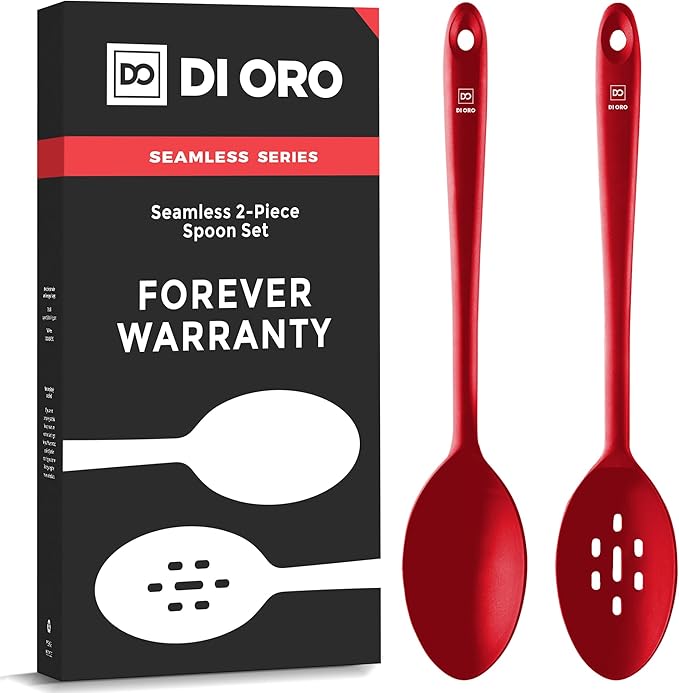 DIORO Silicone Mixing & Serving Spoons - Large Heat-Resistant Non Stick Utensils Big Solid & Slotted Basting & Stirring Spoons - Dishwasher Safe (2pc, Red) by DIORO