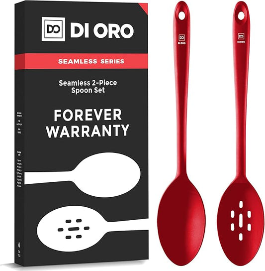 DIORO Silicone Mixing & Serving Spoons - Large Heat-Resistant Non Stick Utensils Big Solid & Slotted Basting & Stirring Spoons - Dishwasher Safe (2pc, Red) by DIORO