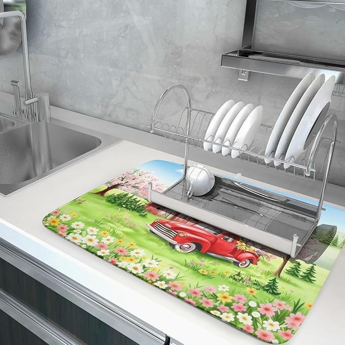Spring Dish Drying Mat for Kitchen Counter Red Truck Flowers Microfiber Absorbent Dish Draining Reusable Washable Foldable Extra Large 18"x24" - Image 5