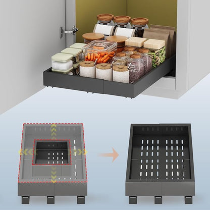 Pull out Cabinet Organizer,Expandable Width(11"-16"),Depth(17"-24") with 3 Rails,Roll out Drawers,No Drill Adjustable Slide out Shelves for Kitchen,Pantry,for Both Lip and Lip-Free Cabinets,Black(1PC) by Fokyfok