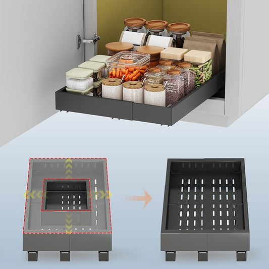 Pull out Cabinet Organizer,Expandable Width(11"-16"),Depth(17"-24") with 3 Rails,Roll out Drawers,No Drill Adjustable Slide out Shelves for Kitchen,Pantry,for Both Lip and Lip-Free Cabinets,Black(1PC) by Fokyfok