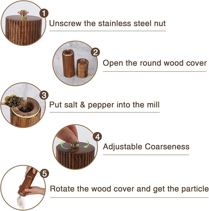 Wooden Pepper Grinder Pepper Mill,Adjustable Coarseness Salt Pepper Grinder Shaker Pepper Grinder Refillable,Acacia Wood Salt Grinder for Your Kitchen - Image 6