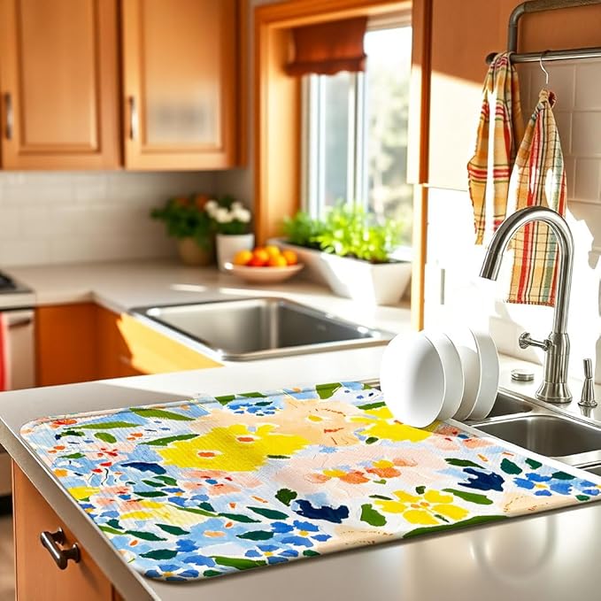 Blue and Yellow Floral Large Dish Drying Mats, Reversible Dish Drying Pads for Kitchen Counter Foldable and Stored in a Drawer,18"x24" Extra Large Draining Mat Protect for Kitchen,Bar Counter - Image 2
