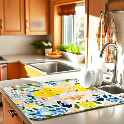 Blue and Yellow Floral Large Dish Drying Mats, Reversible Dish Drying Pads for Kitchen Counter Foldable and Stored in a Drawer,18"x24" Extra Large Draining Mat Protect for Kitchen,Bar Counter - Image 2